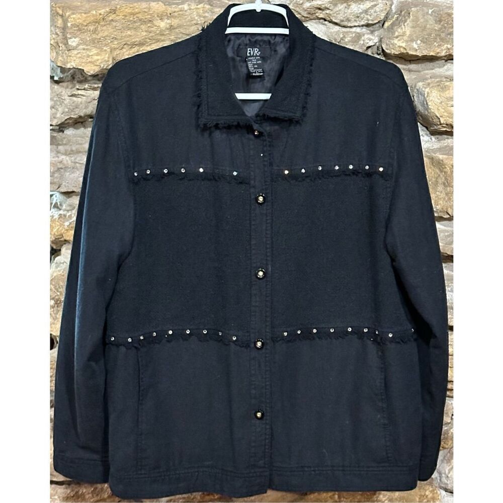 Women’s Vintage Black Embellished Evr Knit Fringe Silk Multi Texture Jacket Size
